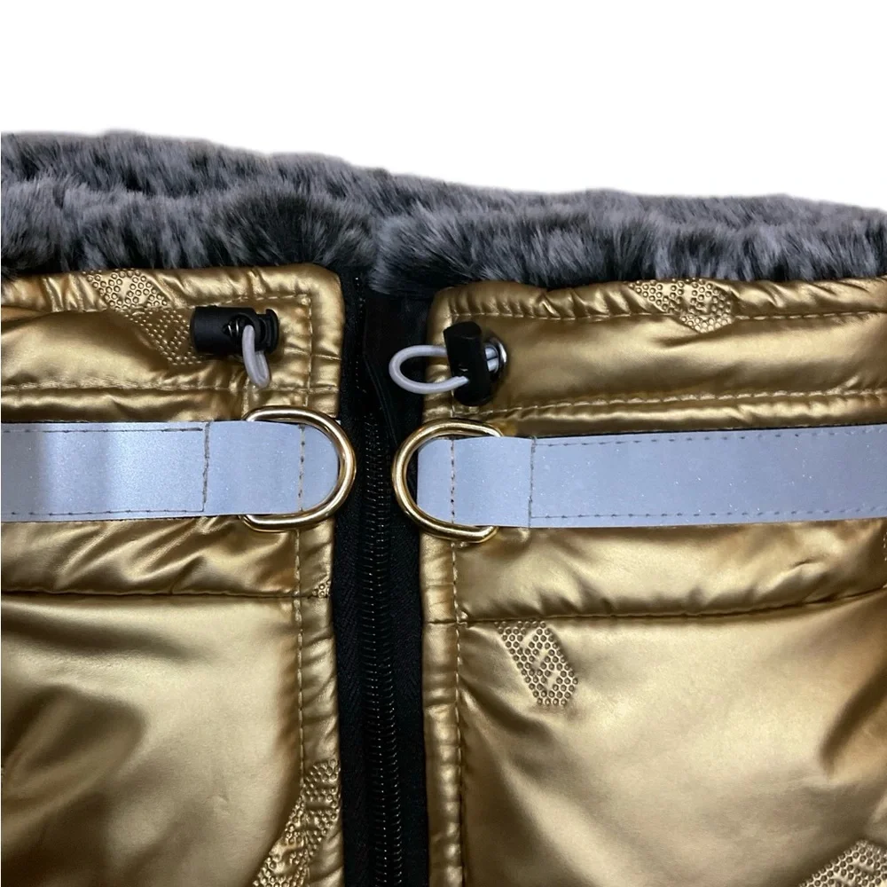 NWOT Gold Metallic Reflective Dog Puffer Jacket 3XL Faux Fur Lined 24” x 24”